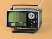 Vintage Sony portable television with antenna displaying a pixelated green test pattern screen, set against an orange background.