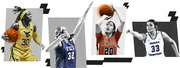 Editorial collage of four women's college basketball players in action, representing West Virginia, FGCU, Princeton, and Middle Tennessee.