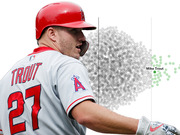 Editorial infographic combining a photo of Angels player Mike Trout wearing jersey number 27 with a dot plot highlighting his position among MLB players.