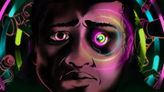 Editorial illustration of a person's face with glowing neon spiral eyes, surrounded by colorful neon light elements on a dark background.