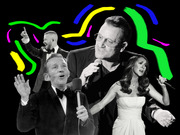 Black and white collage of four performers singing with microphones against a black background with colorful painted brush strokes.