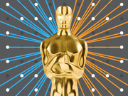 Editorial illustration of an Oscar statuette against a dark gray background with radiating blue and orange lines with white dots.