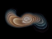 Abstract swirling visualization on a black background showing two intertwined looping forms in warm tan and cool blue-gray tones, resembling a gravitational wave or orbital simulation.