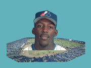Editorial collage of a Montreal Expos baseball player's portrait overlaid on a panoramic view of a baseball stadium against a teal background.