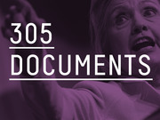 Purple-tinted editorial graphic showing the number 305 Documents over a photo of Hillary Clinton speaking.