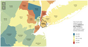 Choropleth map of New York metro area counties showing how much extra money each county causes children in poor families to make compared with the national average.