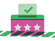 Editorial illustration of a ballot box with a green checkmark on a ballot being inserted, decorated with three stars on a pink and green striped background.