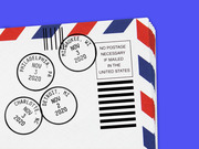 Editorial illustration of an airmail envelope with postmarks from Philadelphia PA, Milwaukee WI, Detroit MI, and Charlotte NC all dated November 2020, suggesting mail-in voting.