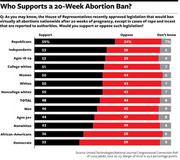 Horizontal stacked bar chart showing support, opposition, and don't know responses to a 20-week abortion ban across demographic groups including party, race, age, and gender.