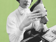 Editorial collage of a vintage black-and-white photo of a woman holding a device over a Sony cassette recorder, set against a lime-green background.