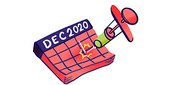 Cartoon illustration of a December 2020 calendar with a figure marking a date, rendered in red and purple tones.