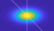 Abstract heat map visualization showing a yellow-centered density blob on a blue background, split into two panels by a vertical white line with a diagonal white line crossing both.