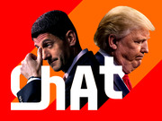 Editorial illustration showing two politicians standing back to back on a red and orange background with the word chat overlaid in large white text.