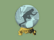 Editorial illustration of a crystal ball on a gold ornate stand showing a silhouette of a burglar breaking into a house window.
