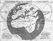 17th-century engraved map showing the shadow path of the great solar eclipse of August 2, 1654 as visible from the Moon, with Latin labels for continents and regions.