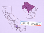 Editorial map showing congressional districts in California and Wisconsin with highlighted regions, labeled House Update.
