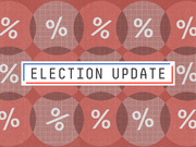 Decorative editorial illustration with a red background covered in percentage symbols and a central banner reading Election Update in blue and red borders.