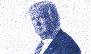 Mosaic portrait of a person in profile composed of tiny blue and multicolored squares and fragments on a white background.