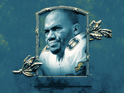 Editorial illustration of an NFL football player in a blue-tinted portrait framed in a gold decorative plaque with laurel leaf ornaments on a teal background.