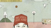 Editorial cartoon of a man wearing a red cap reading 'Make America Great Again?' set in Indiana with a church, basketball hoop, and trailer home in the background.