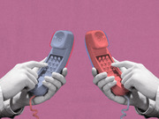 Editorial illustration showing two hands holding old-fashioned telephone handsets colored blue and red facing each other on a pink background.