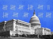 Editorial illustration of the US Capitol building in black and white against a blue background with tally marks drawn above it.