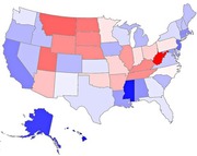 Choropleth map of the United States with states shaded in varying intensities of red and blue, likely showing political or demographic data by state.