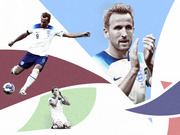 Editorial collage illustration of England footballer Harry Kane in three poses wearing the England national team kit, set against colorful geometric shapes.