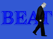Editorial illustration showing a black-and-white figure of Donald Trump walking in front of large blue decorative letters spelling BEAT on a blue background.