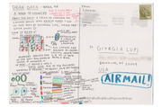 Dear Data Week 42 hand-drawn postcard sent by S. Posavec to Giorgia Lupi tracking a week of laughter with illustrated legend and data key.