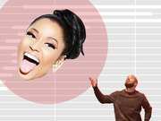 Editorial collage illustration showing a large cutout face of a female celebrity laughing and a male figure pointing upward, set against a striped background.