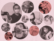 Collage of circular photos showing masked people receiving COVID-19 vaccinations, in black-and-white and pink tones.