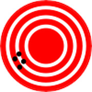 Red and white concentric circles forming a target or bullseye pattern with small black dots near the center.