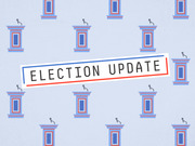 Decorative editorial illustration showing repeated debate podiums with microphones on a light blue background, overlaid with an Election Update banner in red, white, and blue.