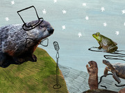 Editorial illustration of a groundhog wearing a top hat and bow tie speaking at a microphone, with a frog, beaver, and tortoise as audience, set against a wintry background.