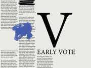 Large bold letter V above the words EARLY VOTE with surrounding article text about Clinton's election forecast probabilities.