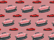 Repeating pattern of pink classic vintage cars and red modern muscle cars on a pink background, used as decorative editorial art.