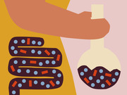 Editorial illustration showing a stylized human intestine filled with microbes alongside a hand holding a laboratory flask also containing microbes, suggesting gut microbiome research.
