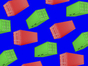 Decorative illustration of red and green shipping containers scattered at various angles on a bright blue background.