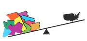 Editorial illustration of a seesaw with colorful gerrymandered congressional districts outweighing a silhouette of the entire United States.