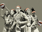 Editorial composite illustration of five women's basketball players in grayscale with orange accents, wearing jerseys from Texas, Arizona, Tennessee, and other teams.