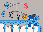 Editorial illustration of a blue bear in a crib looking up at a mobile with currency symbols including dollar, euro, pound, yen, and a gold coin, plus a diamond.