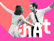 Editorial illustration showing a black-and-white dancing couple from La La Land overlaid on a pink and coral geometric background with the word 'chAt' in large white letters.
