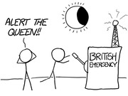Stick figure cartoon showing two characters reacting to a solar eclipse, one shouting 'Alert the Queen!!' while the other activates a British Emergency broadcast tower.
