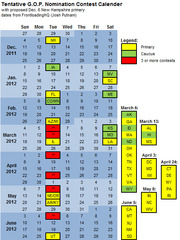 Tentative G.O.P. Nomination Contest Calendar showing primary and caucus dates from December 2011 through June 2012, color-coded by contest type.