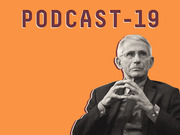 Editorial illustration for FiveThirtyEight's Podcast-19 showing a grayscale cutout of Dr. Anthony Fauci on an orange background with the title PODCAST-19.