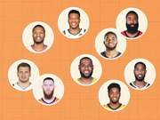 Editorial illustration showing circular headshot portraits of nine NBA players arranged on an orange grid background.