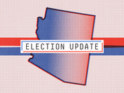 Editorial illustration of Arizona state outline with a blue-to-red gradient and an Election Update banner across the center.