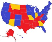 US electoral or political map with states colored red, blue, or yellow indicating three-way classification of states.