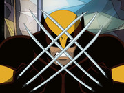 Animated cartoon illustration of Wolverine from X-Men with claws crossed in front of his face, wearing his yellow and brown costume.